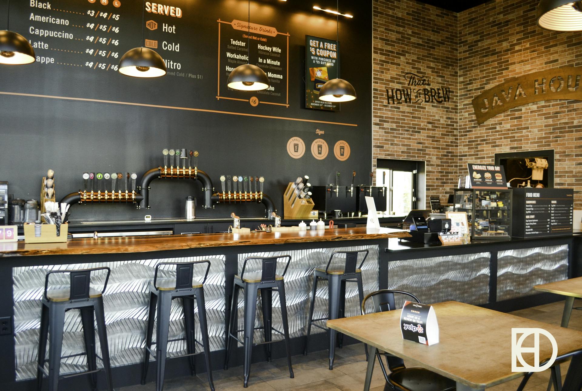 Photo of the interior of Java House, showing the coffee bar