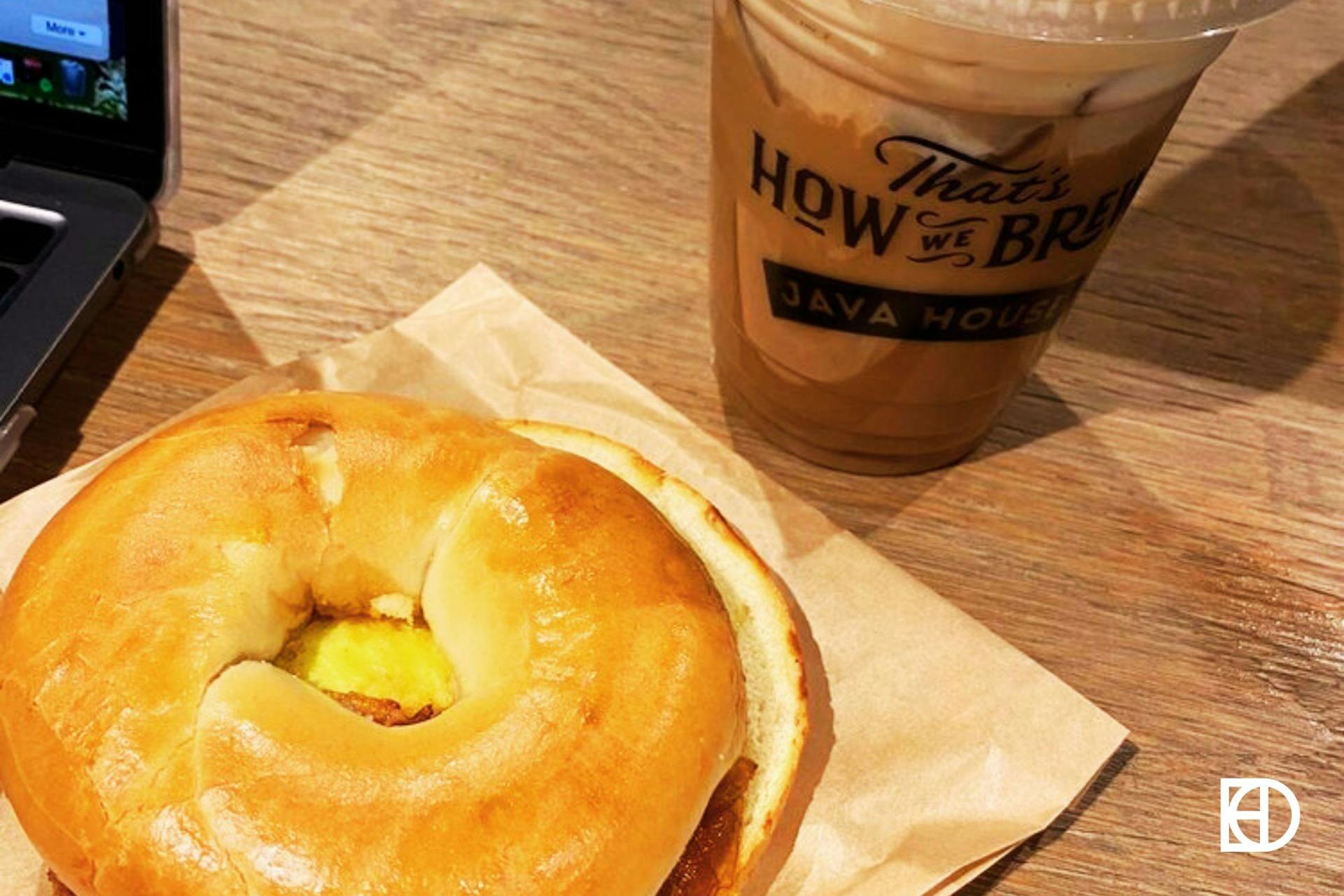Photo of bagel and iced coffee at Java House