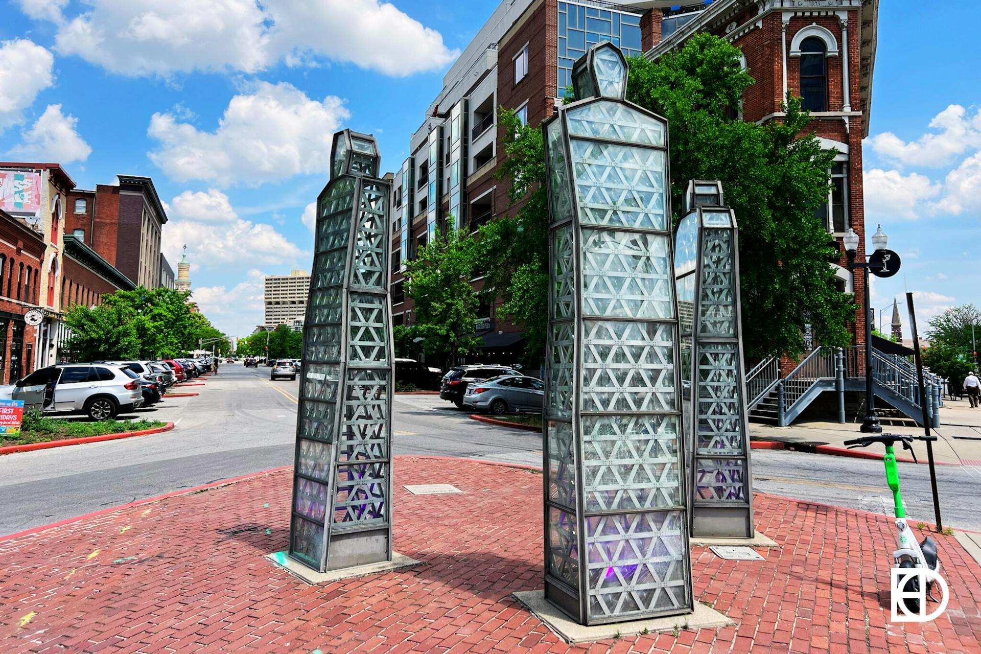 Exterior photo of sculpture on Mass Ave in Downtown Indy