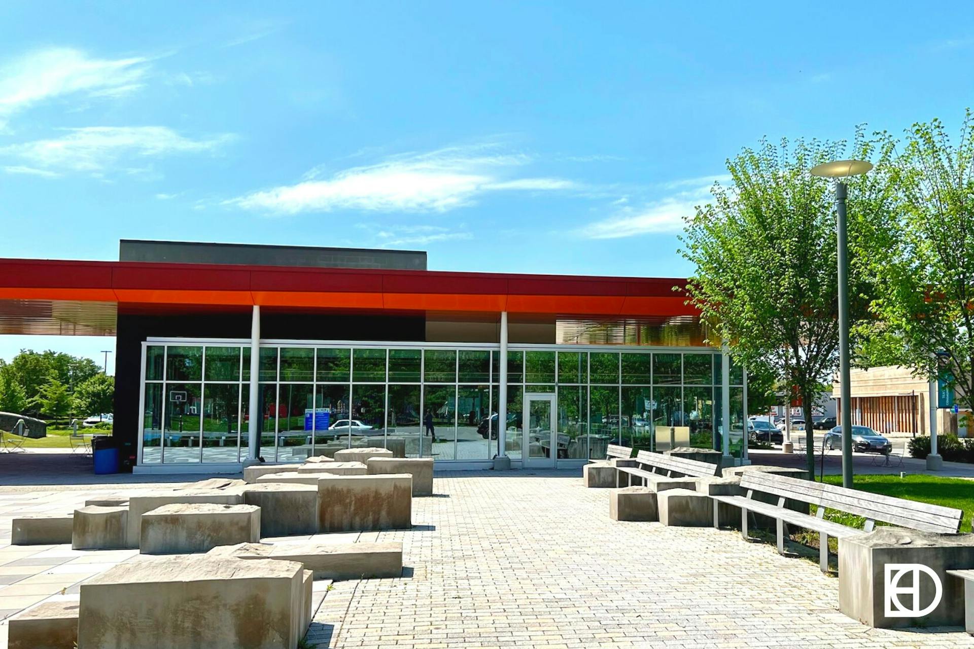 Exterior photo of Tarkington Park in Midtown Indianapolis, showing the community center