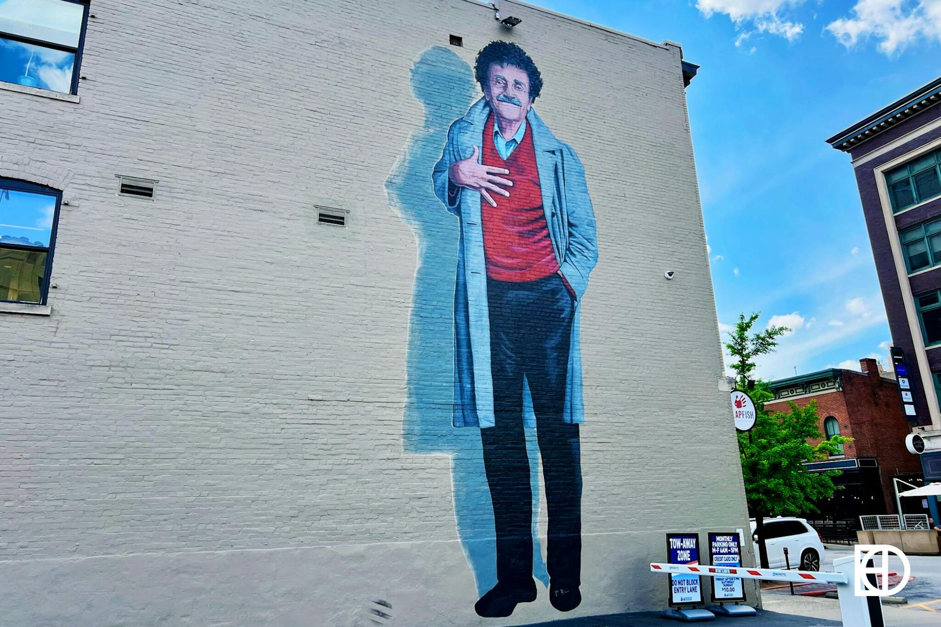 Exterior photo of mural of Kurt Vonnegut in Downtown Indy