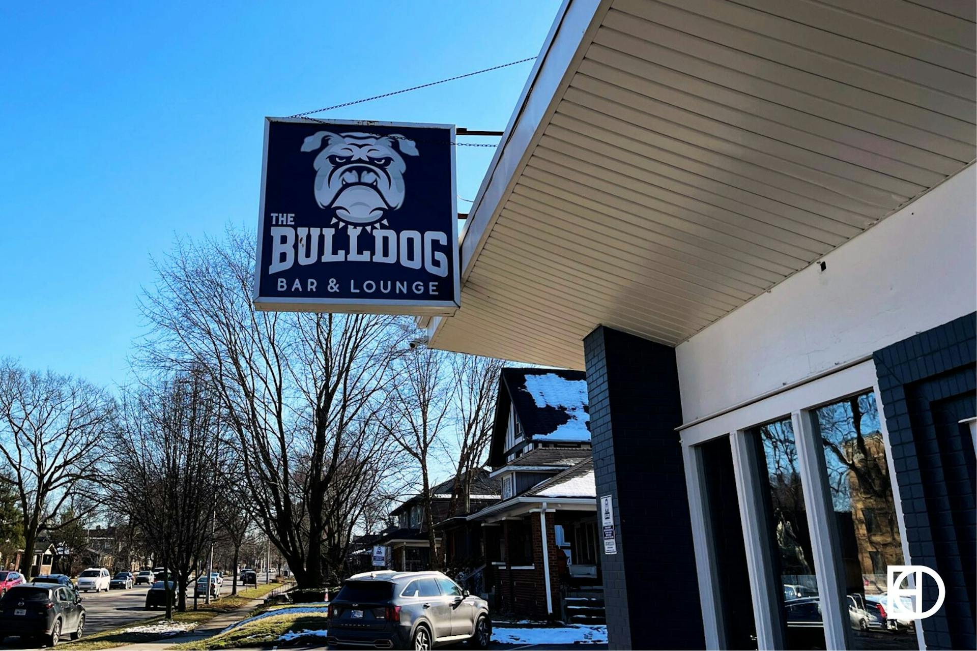 Exterior photo of The Bulldog, showing signage