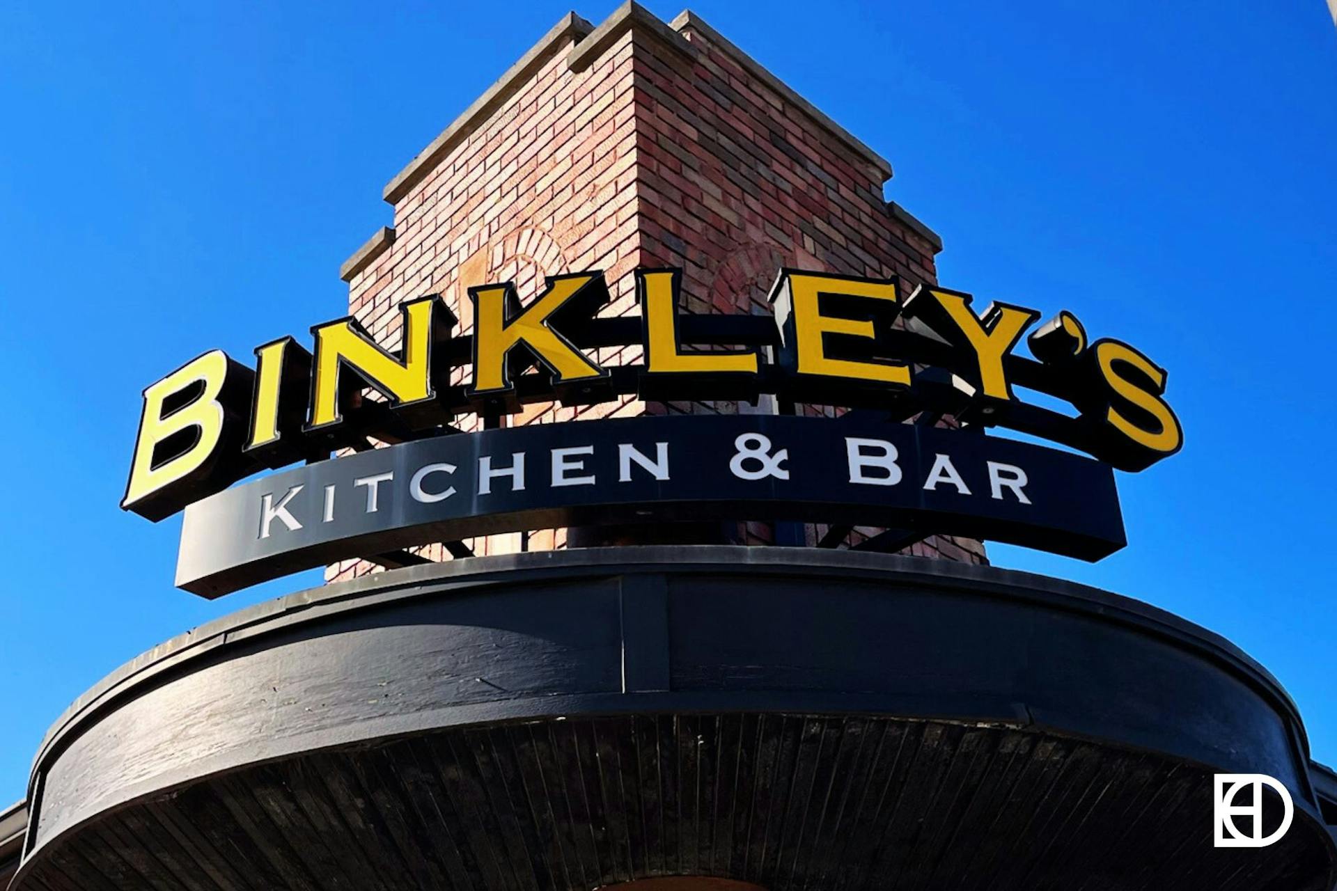 Exterior photo of Binkley's, showing signage