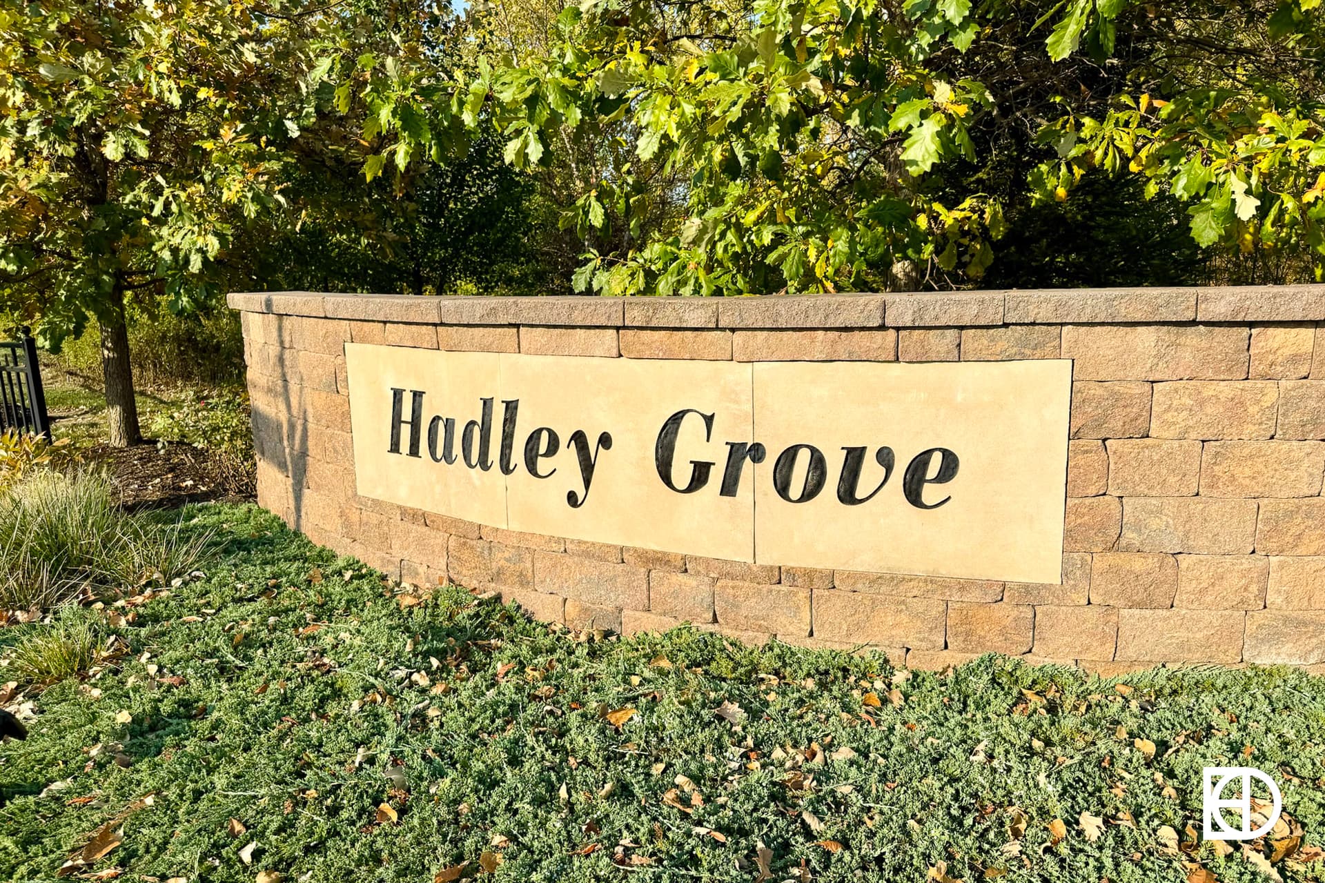 Exterior photo of Hadley Grove, showing signage and landscaping