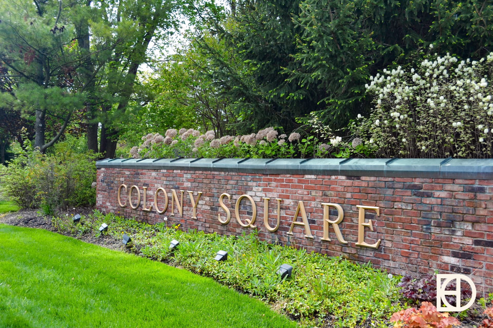 Exterior photo of Colony Square, showing signage and landscaping