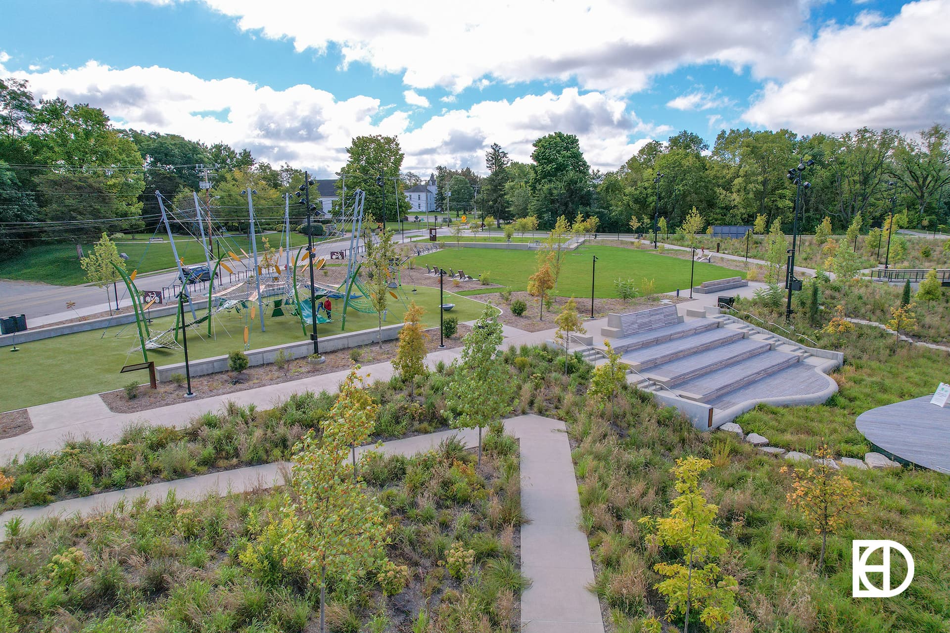 Exterior photo of Grand Junction Plaza, showing playground and landscaping