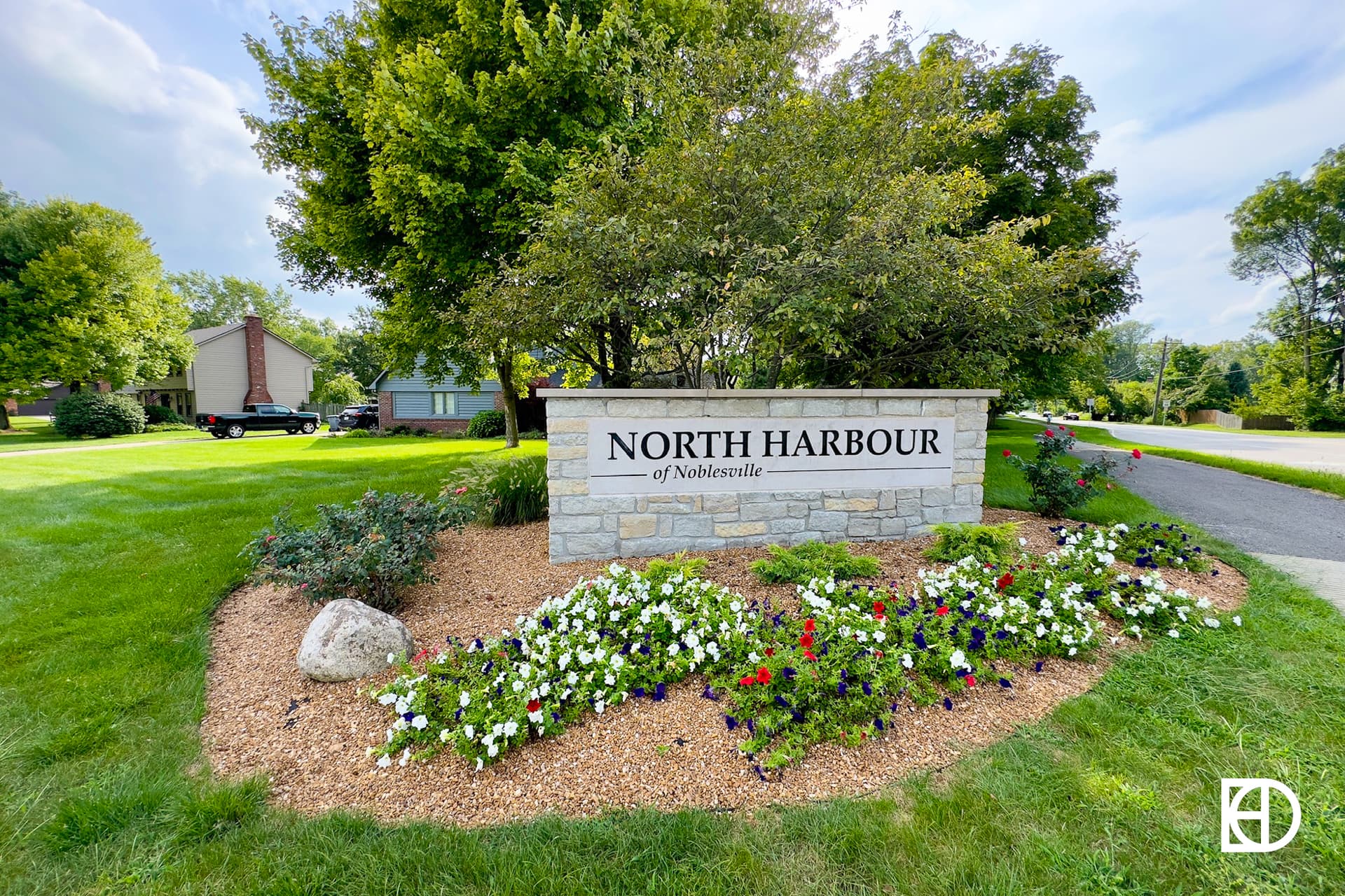 Photo of signage and landscaping at entrance to North Harbour