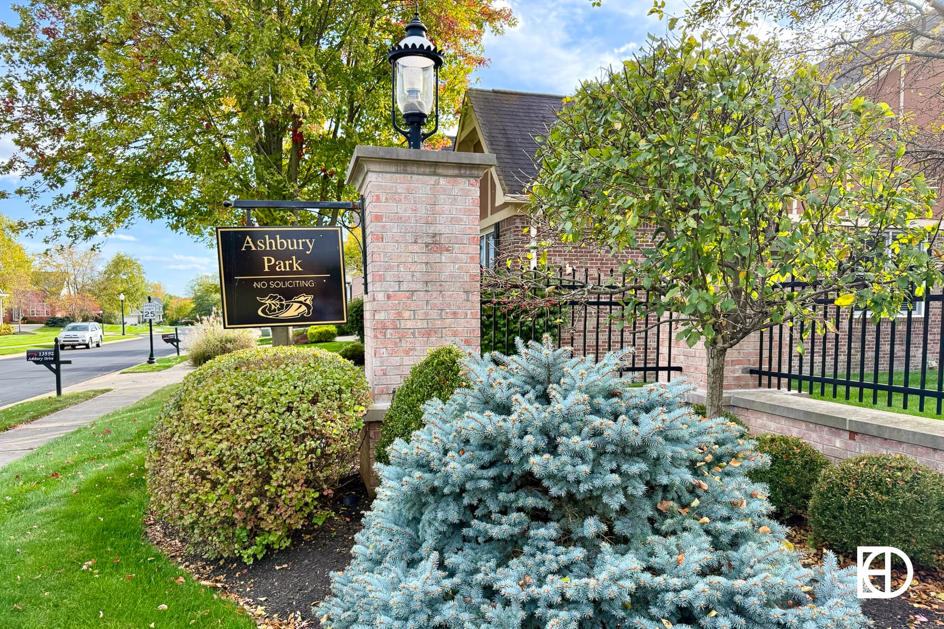 Exterior photo of Ashbury Park, showing signage and landscaping