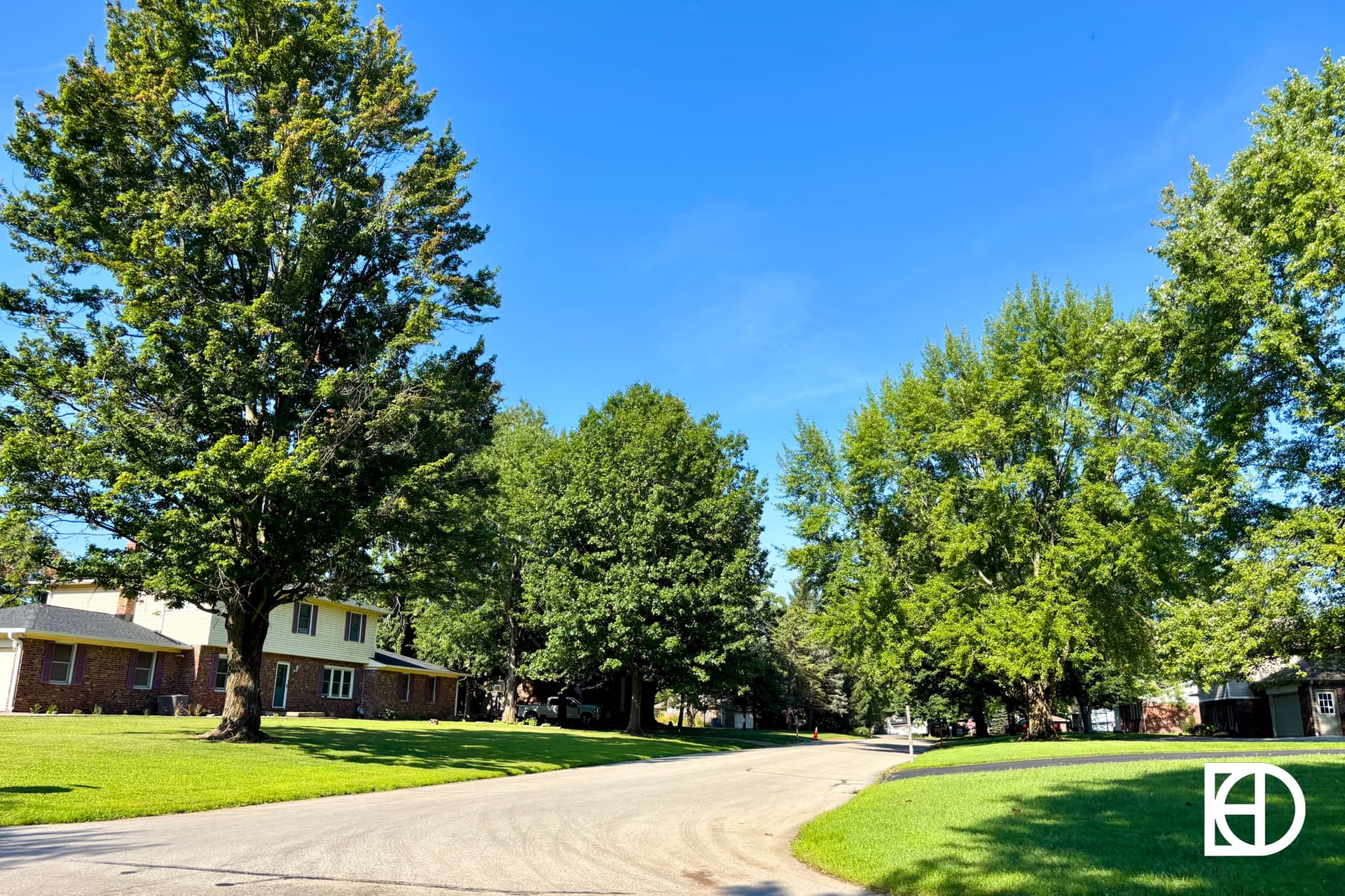 A suburban street curves through a quiet neighborhood lined with green lawns, large leafy trees, and houses under a clear blue sky. A white logo is in the bottom right corner.