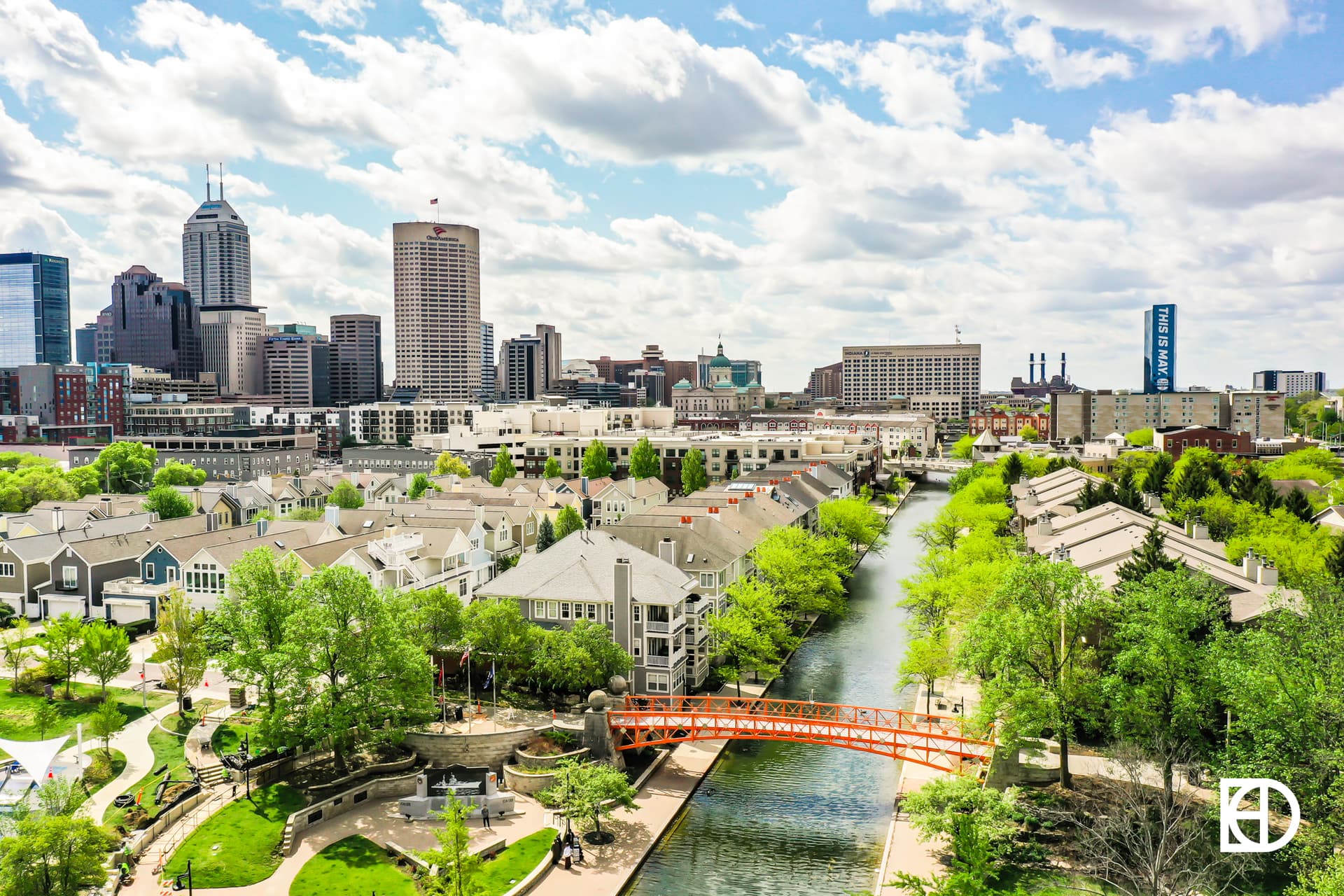 Aerial photo of canal looking southeast toward downtown Indianapolis city center.