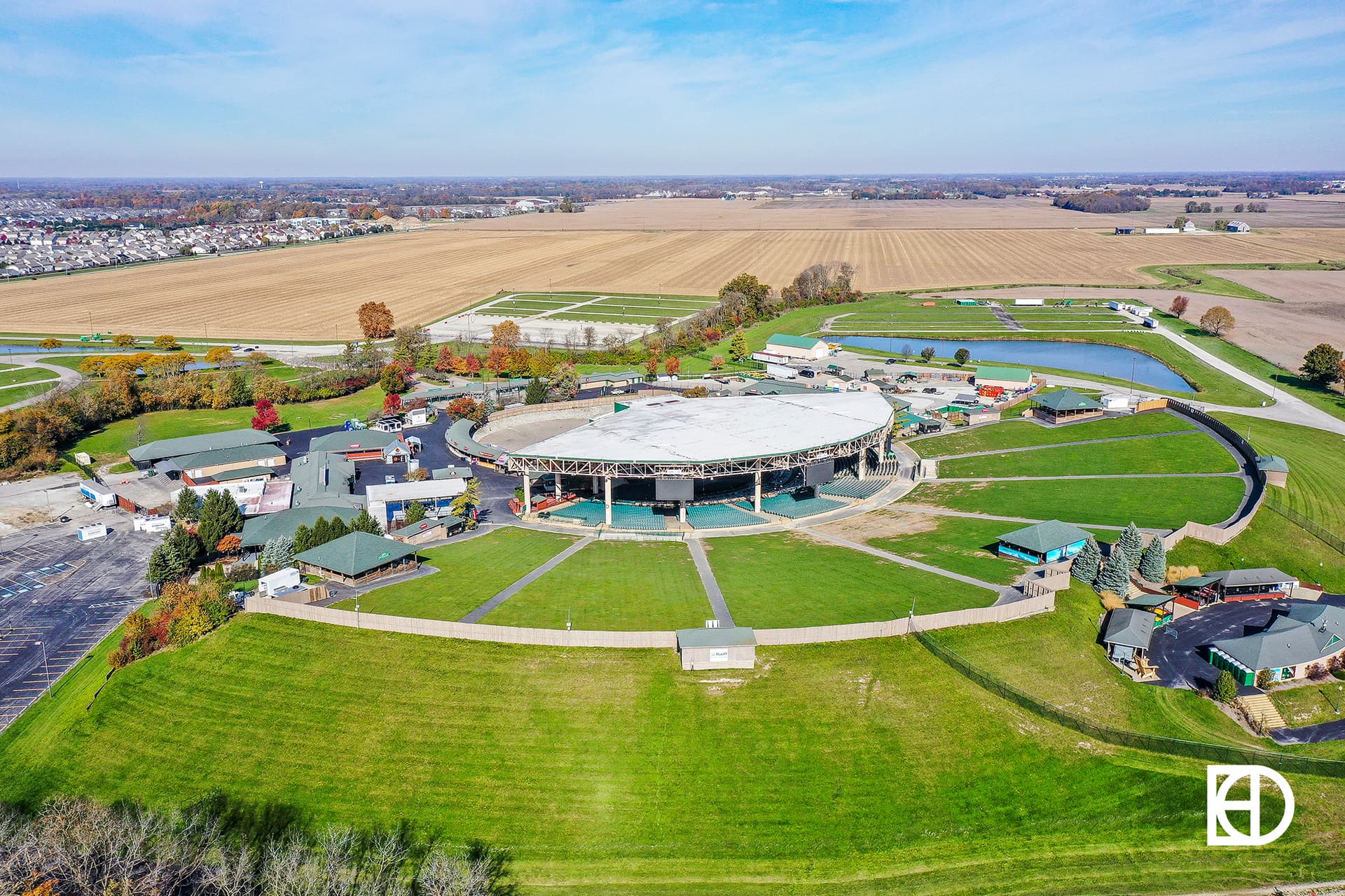 Aerial photo of Ruoff Music Center, showing stage and lawn