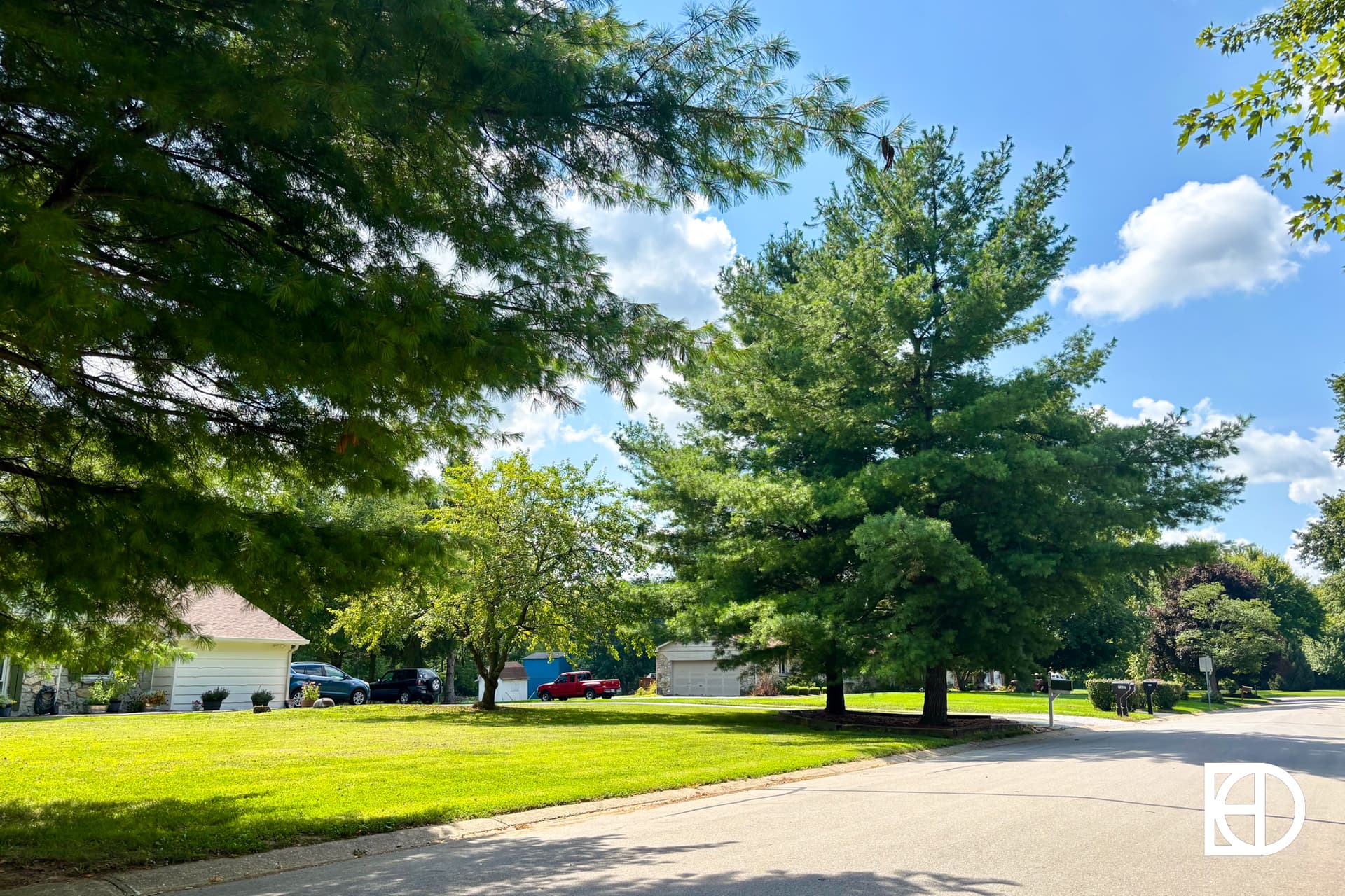 A quiet suburban street with large green trees, well-kept lawns, several houses, and a few parked cars under a bright blue sky with scattered clouds.