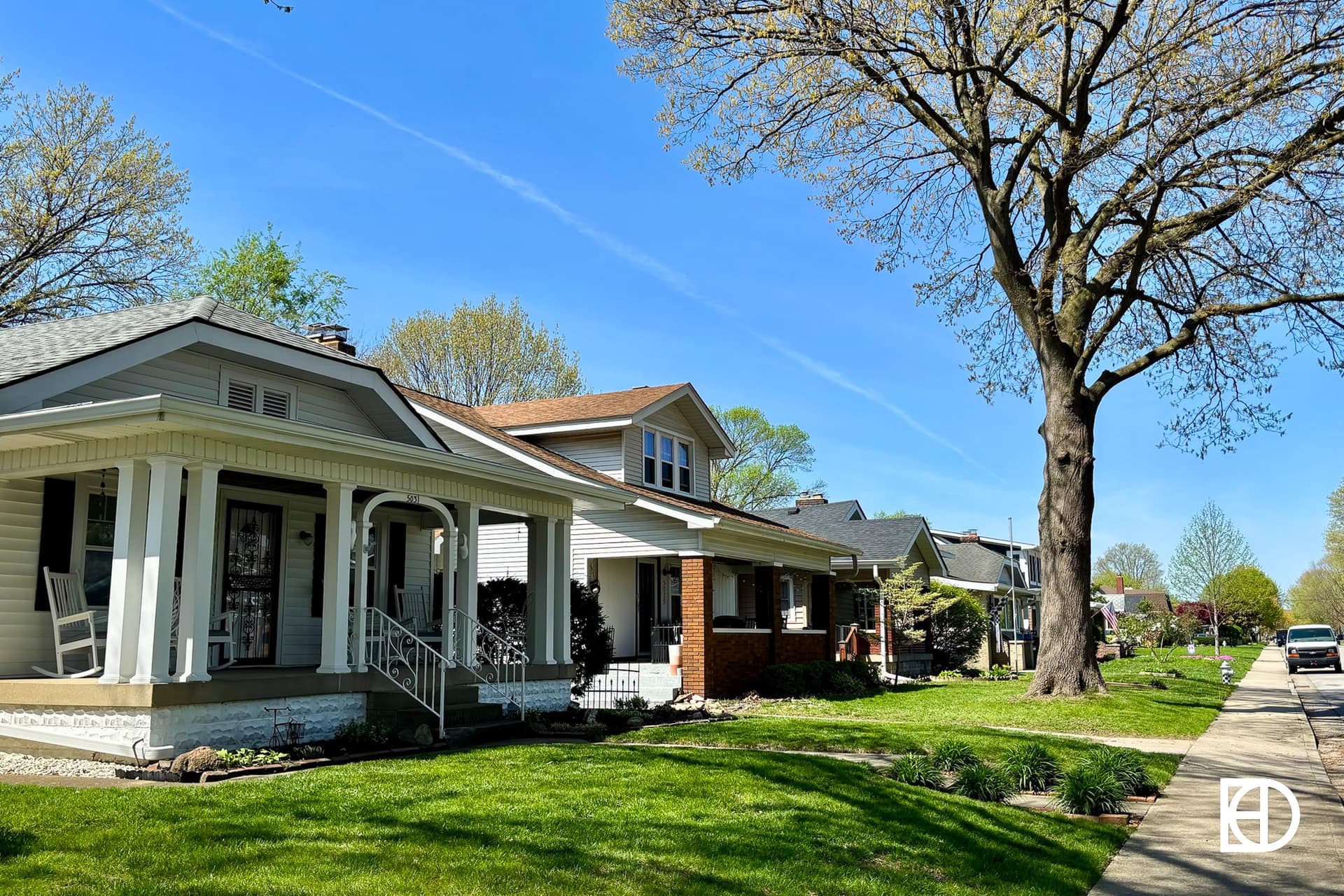 Roads, homes, and landscaping in Speedway Historic Home District