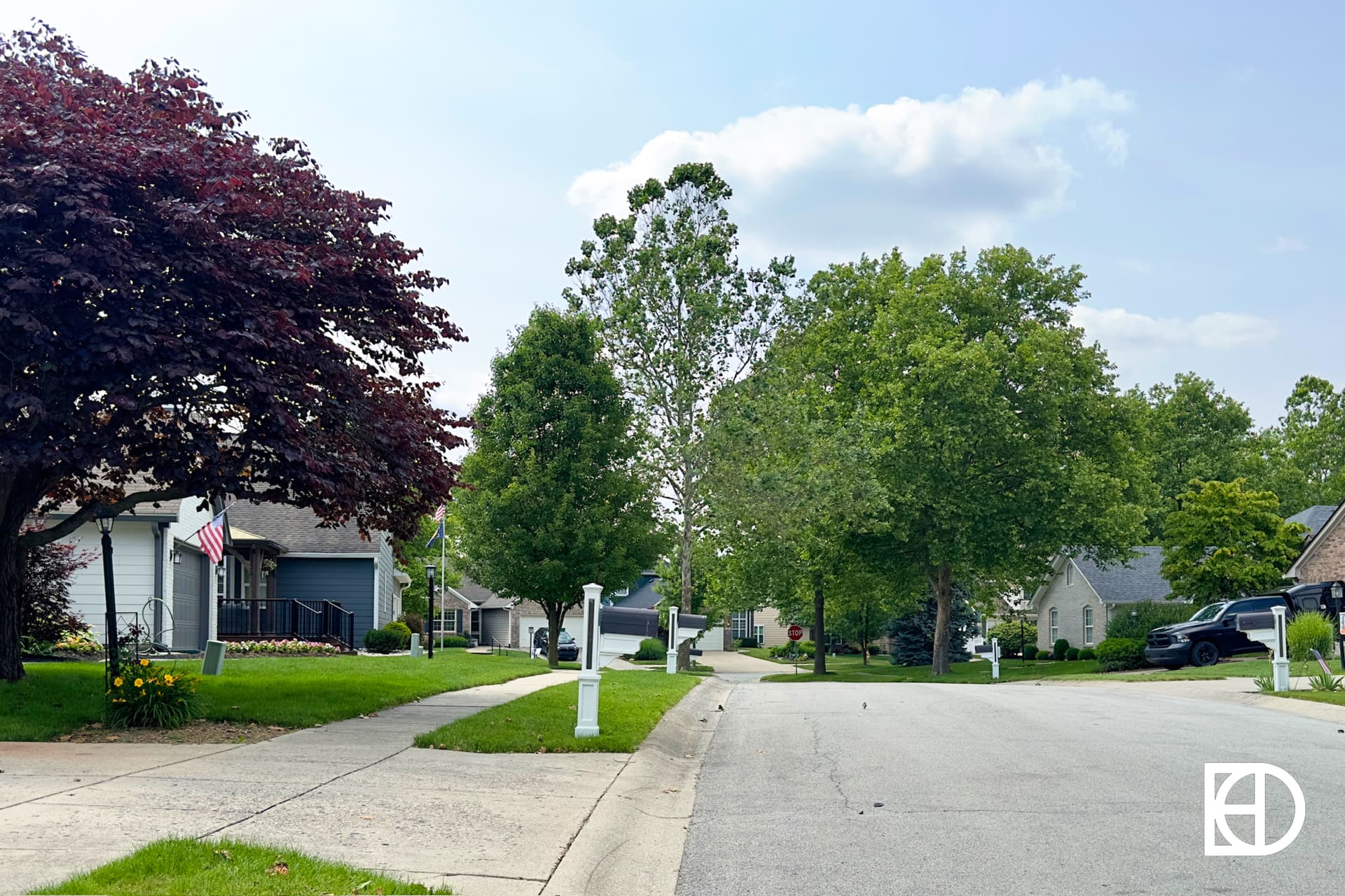 A quiet suburban street with houses, green lawns, trees, an American flag, and cars parked along the road on a sunny day. The sky is mostly clear with a few clouds.