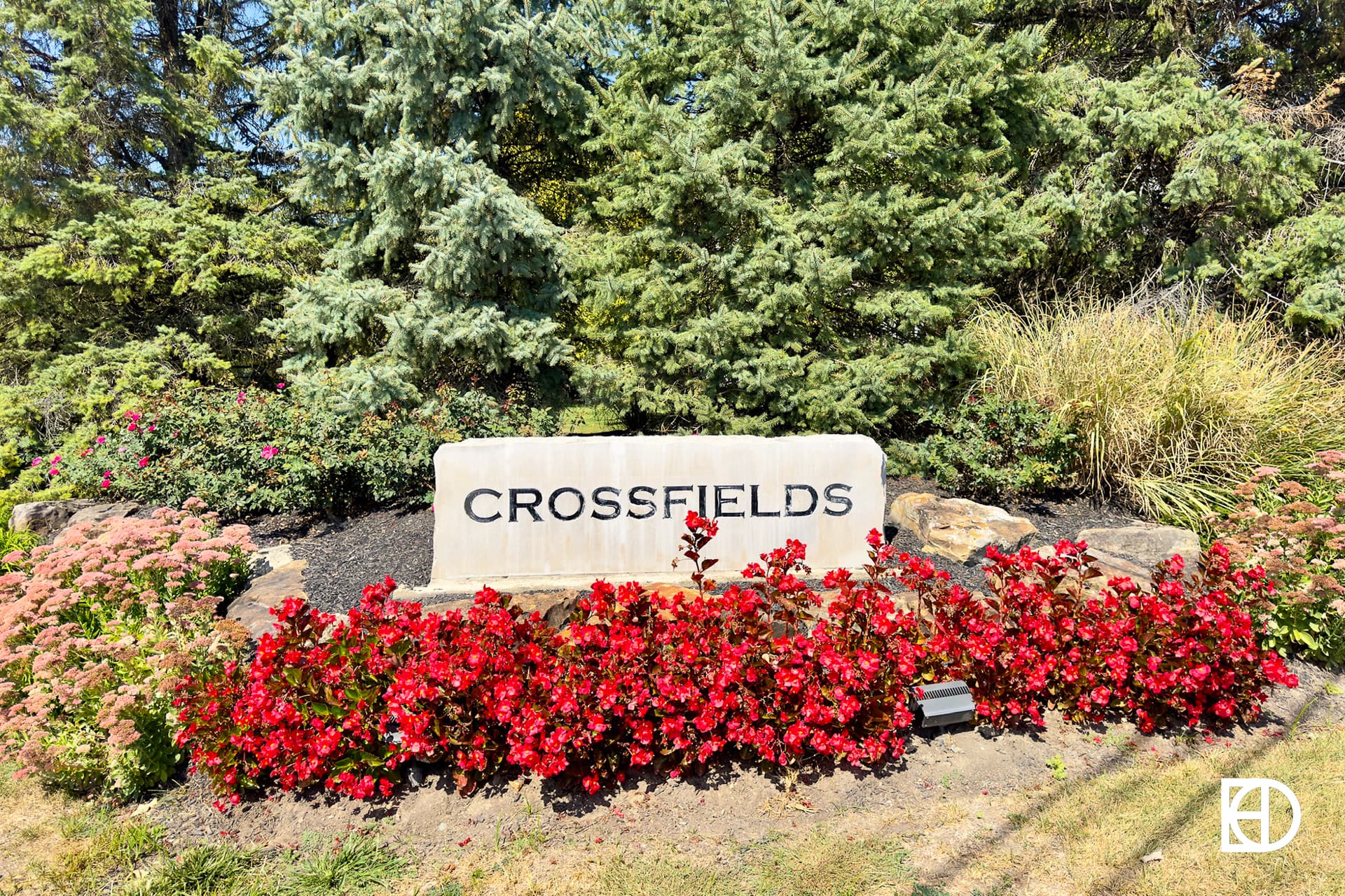 Exterior photo of Crossfields, showing paths and landscaping