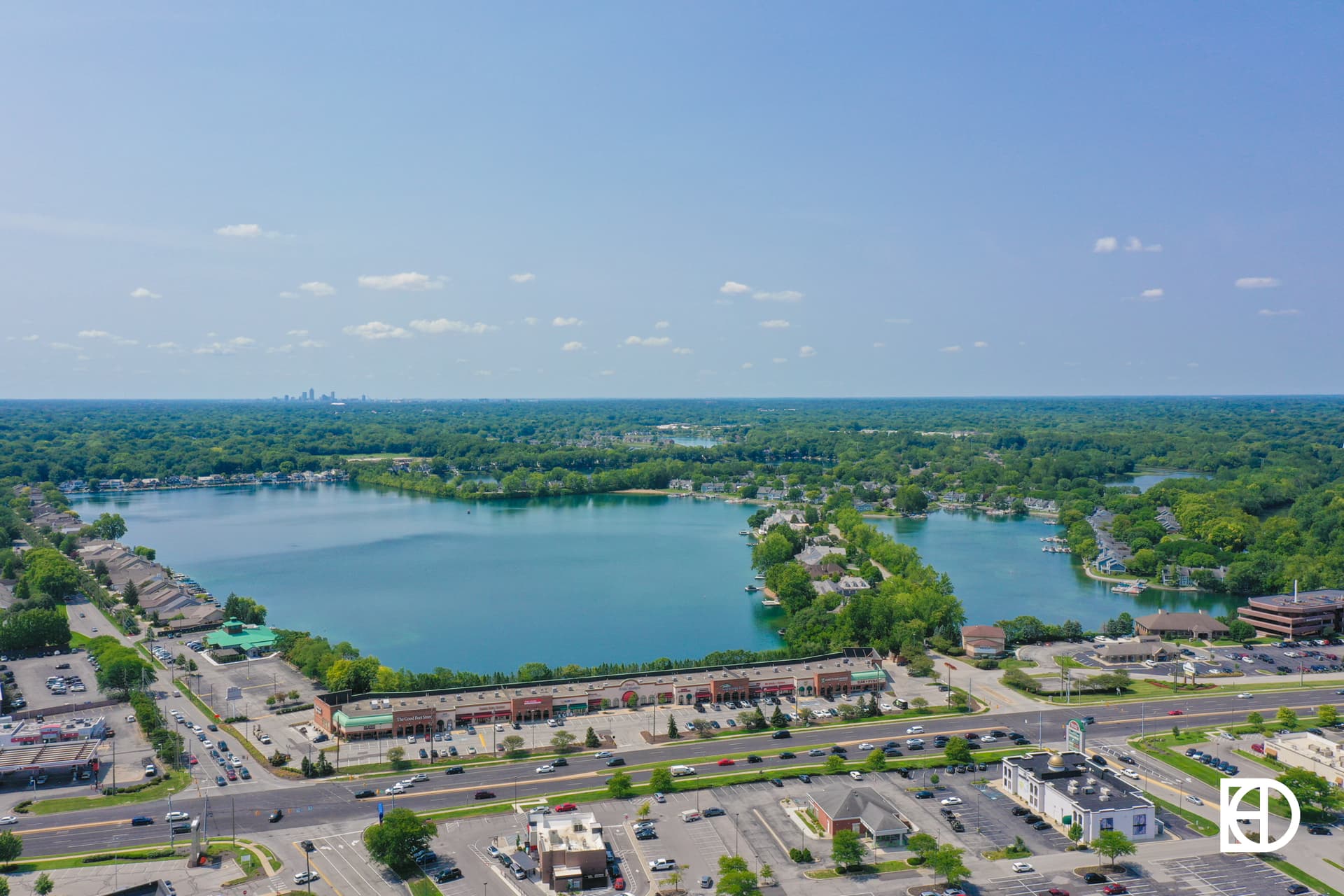 Aerial photo of Clearwater Crossing Shopping Center, showing Lake Clearwater