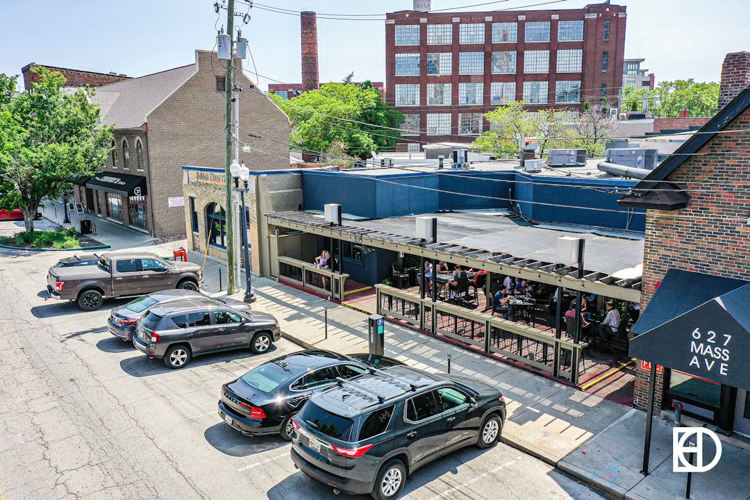 Aerial photo of Ralston's Draft House in Downtown Indy
