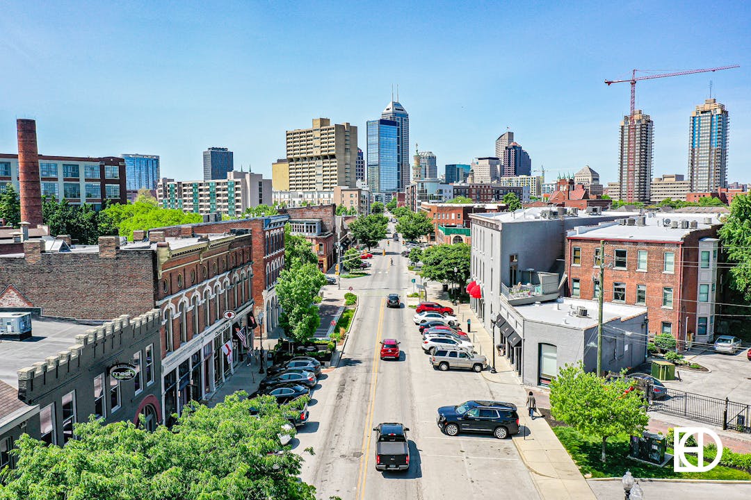 Aerial photo of Massachusetts Avenue in Downtown Indy