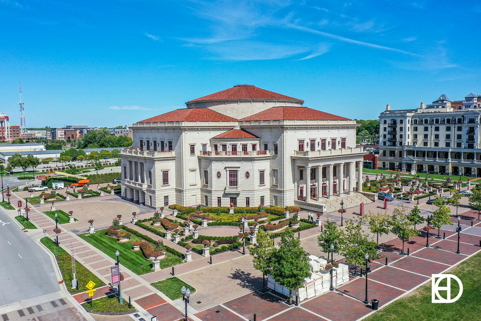 Aerial photo of Palladium building on the campus of The Center for the Performing Arts in Carmel