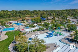 Aerial view of water slides and pools at The Waterpark at Monon Community Center