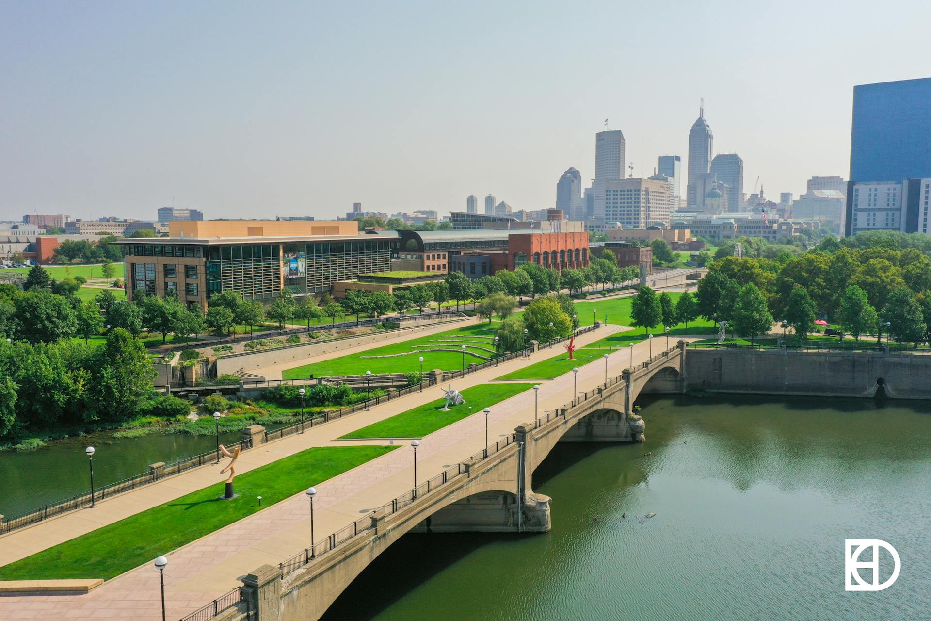Aerial photo of White River State Park and skyline of downtown Indianapolis