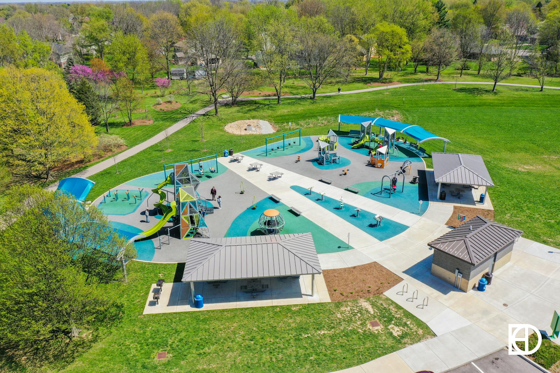 Aerial photo of playground structure at Carey Grove Park.
