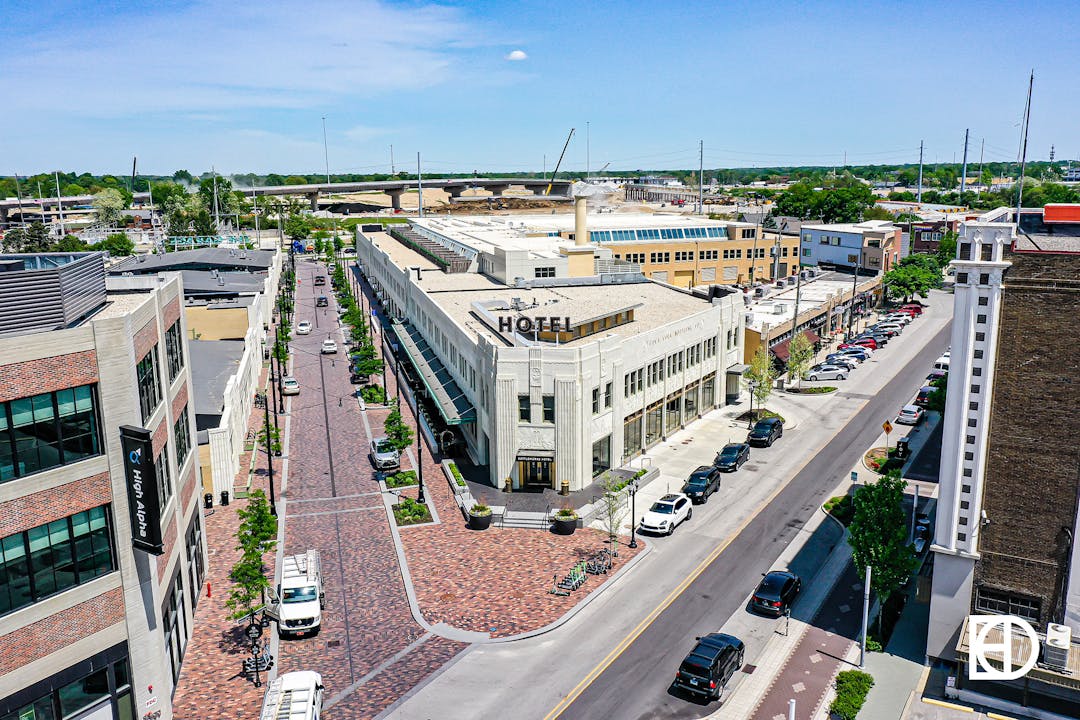 Aerial photo of Bottleworks Hotel in Downtown Indy