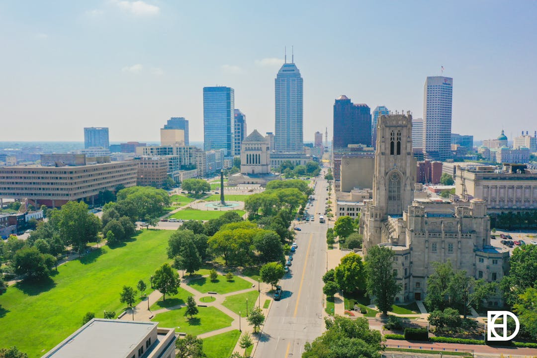 Aerial view of Downtown Indianapolis, showing the city skyline