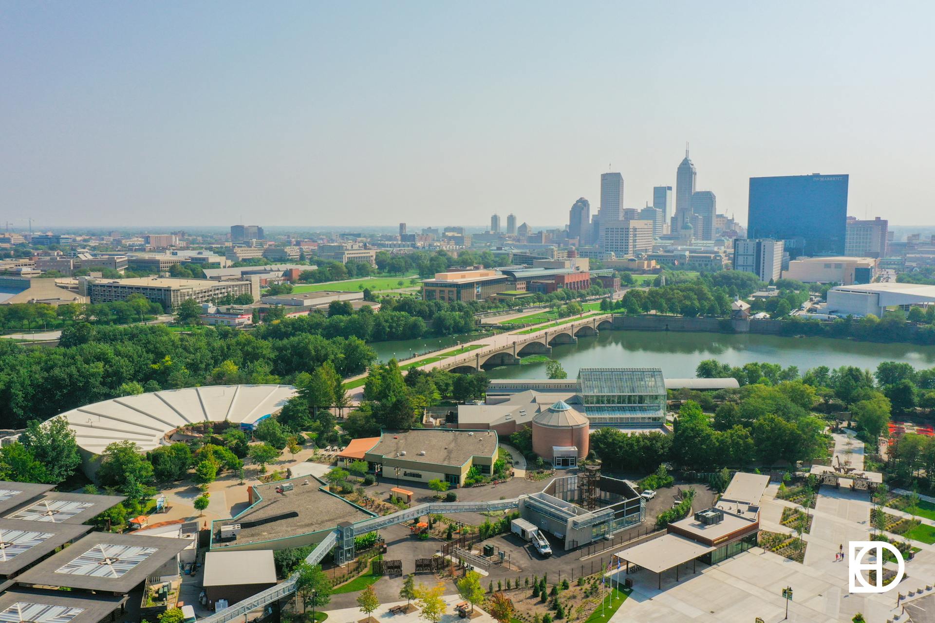 Aerial photo of the Indianapolis Zoo, with a view of Downtown Indianapolis