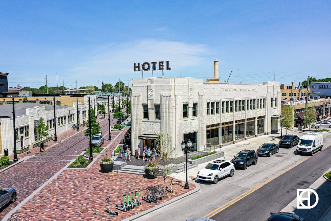 Aerial photo of the Bottleworks Hotel in Downtown Indy