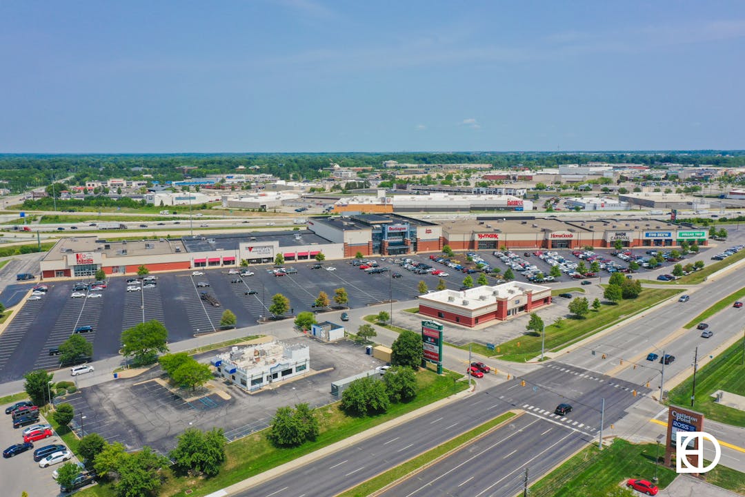 Aerial photo of Castleton Crossing Shopping Center, showing Burlington, Value City, TJ Maxx, etc