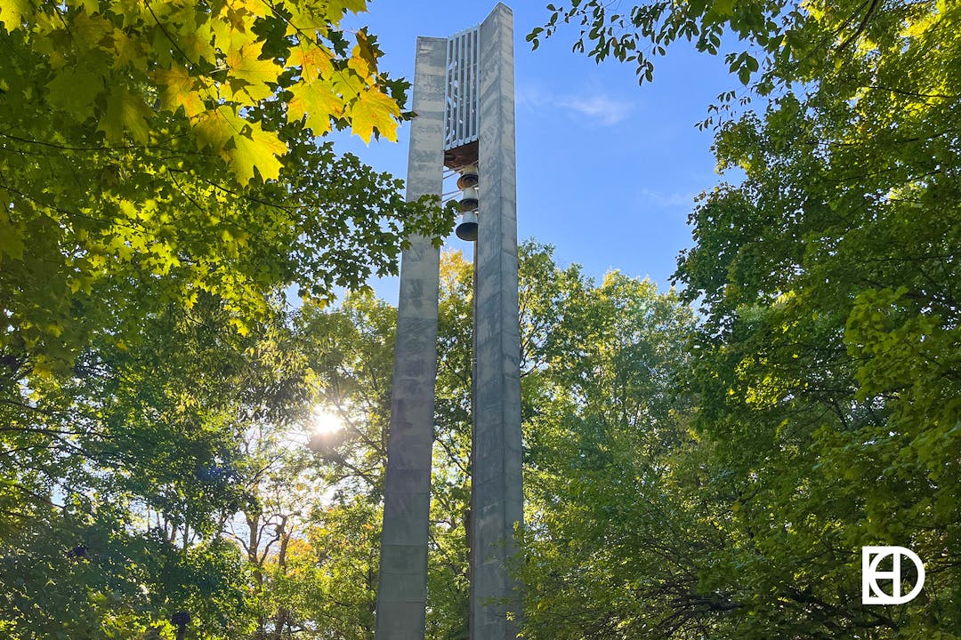 Photo of bell tower at Holcomb Gardens