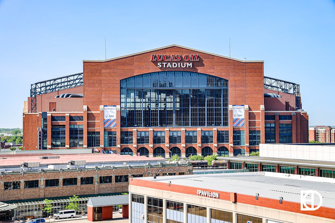 Photo of the front entrance of Lucas Oil Stadium