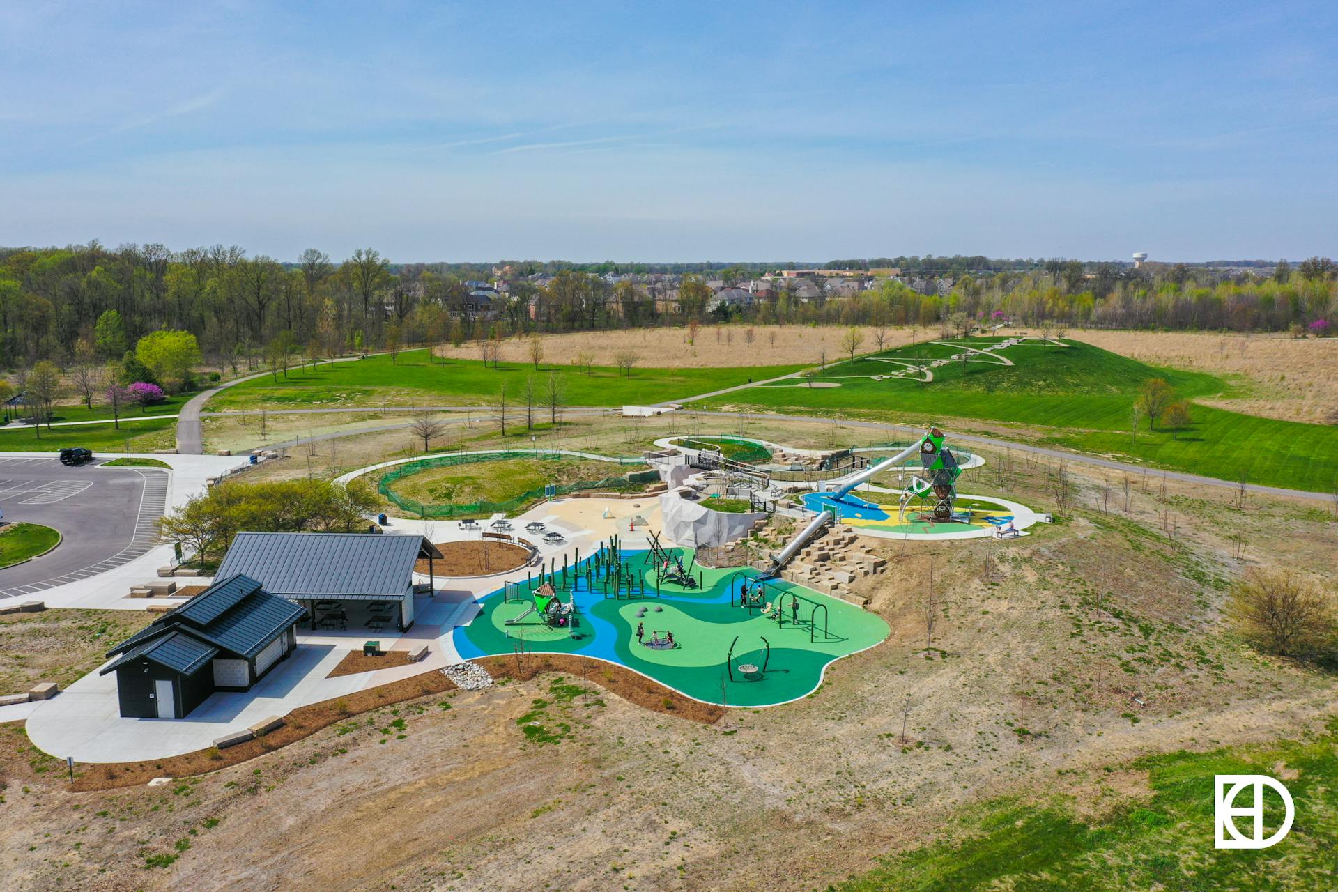 Aerial view of West Park playground, splash park and sledding hill.