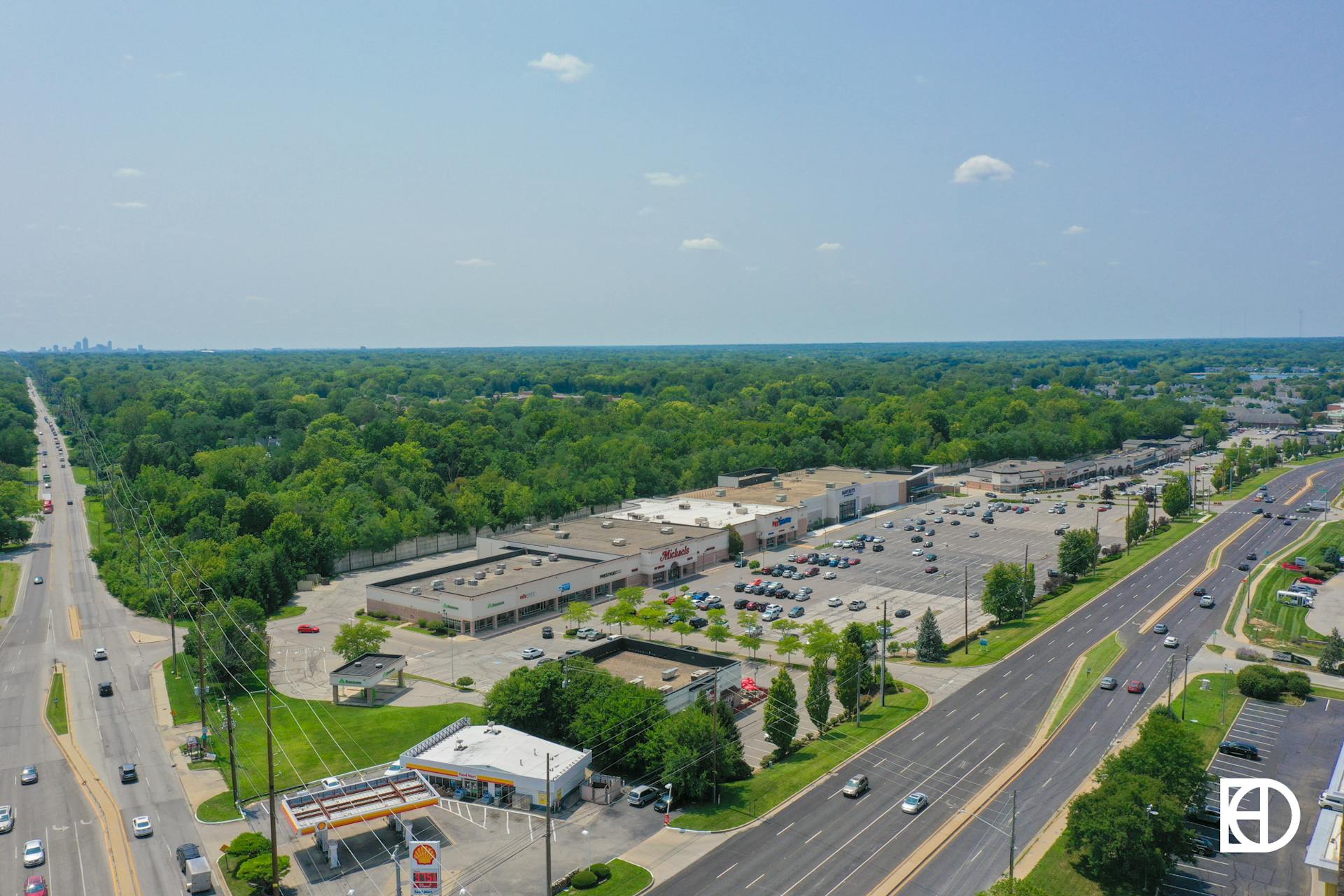 Aerial photo of Clearwater Springs Shopping Center, showing Michaels, PetSmart, etc