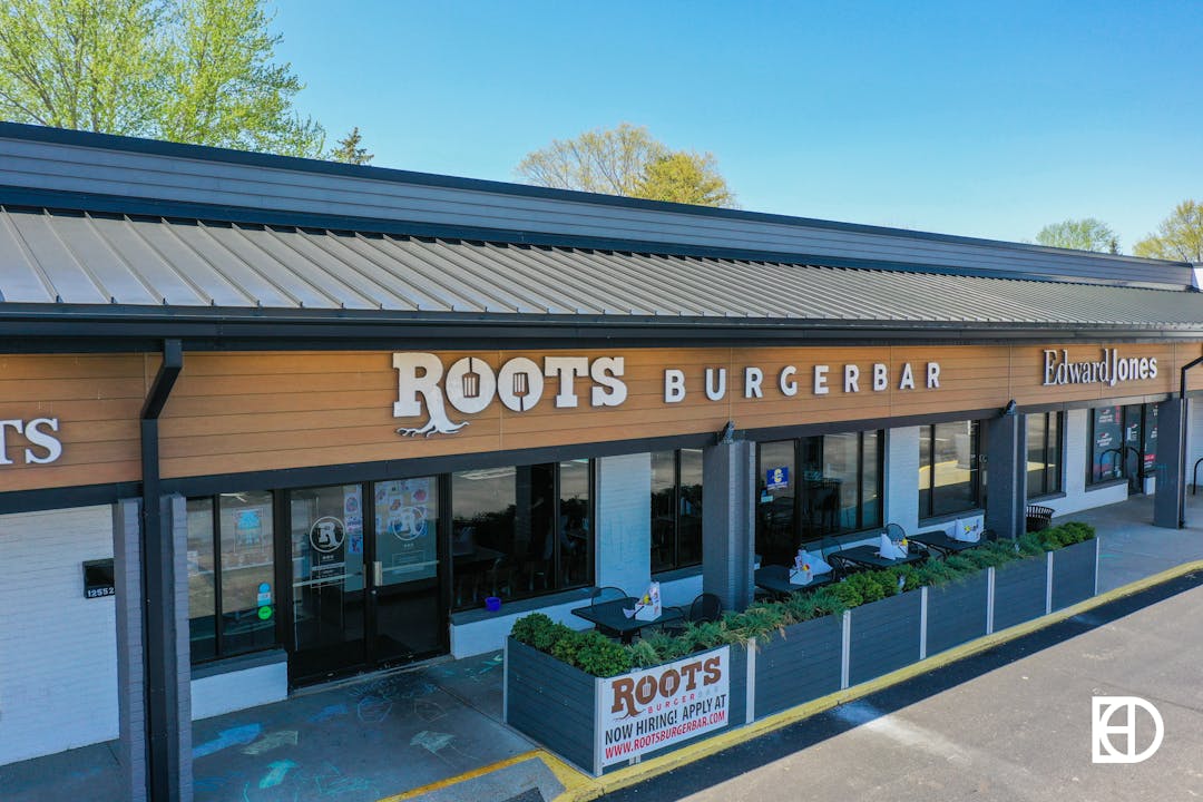 Aerial photo of entrance to Root's Burger Bar.