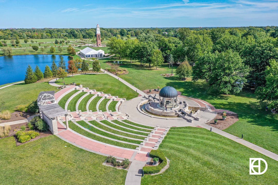 Aerial photo of Coxhall Gardens Centerpiece with tiered lawn and gazebo for music performances and events