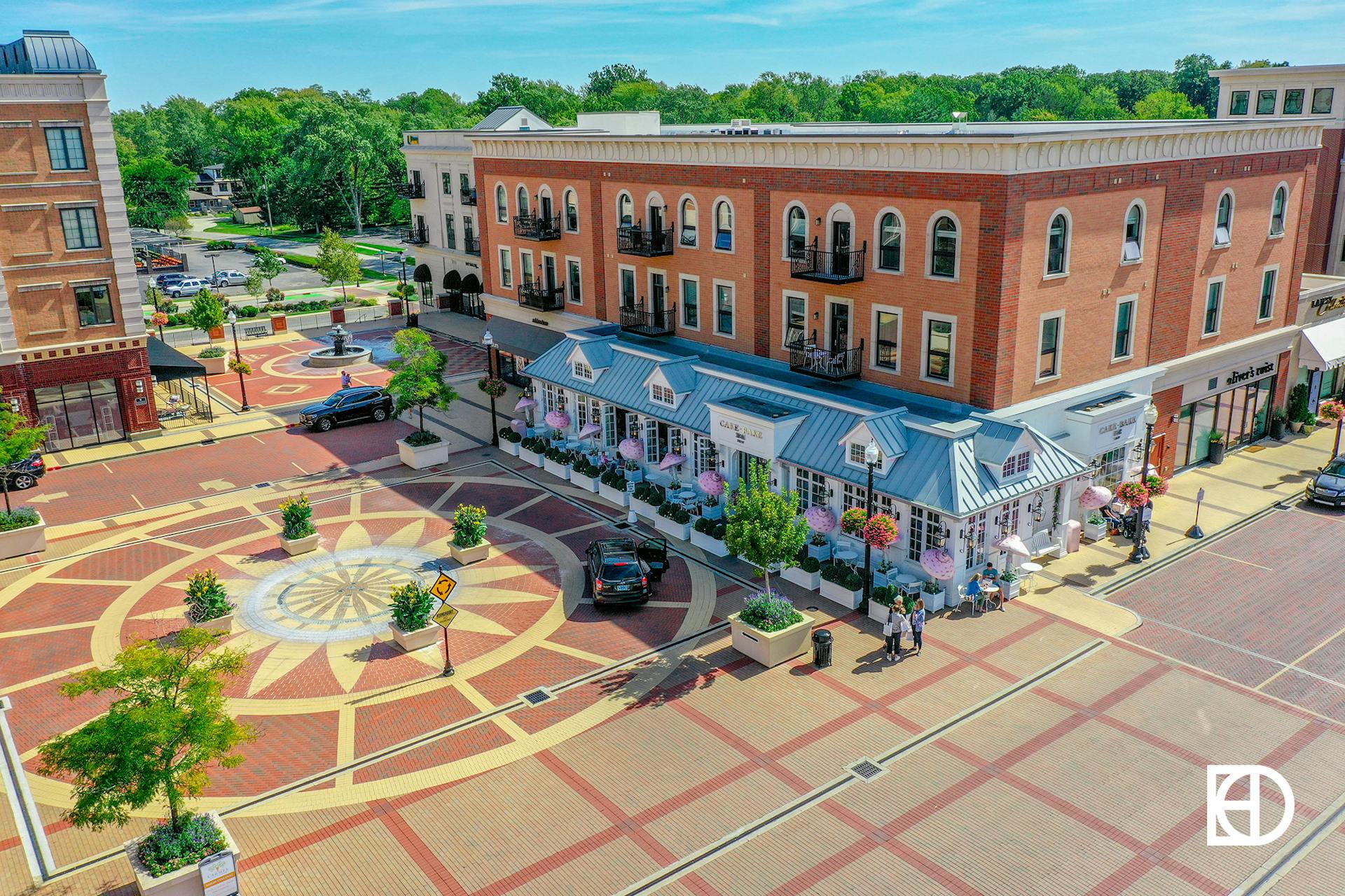 Aerial view of The Cake Bake Shop and the plaza at City Center
