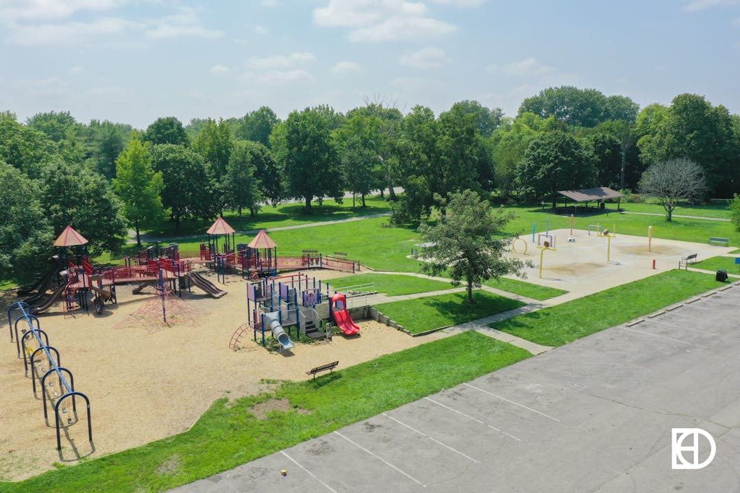 Aerial photo of Grassy Creek Regional Park in Warren Township, Indianapolis, showing playground areas.