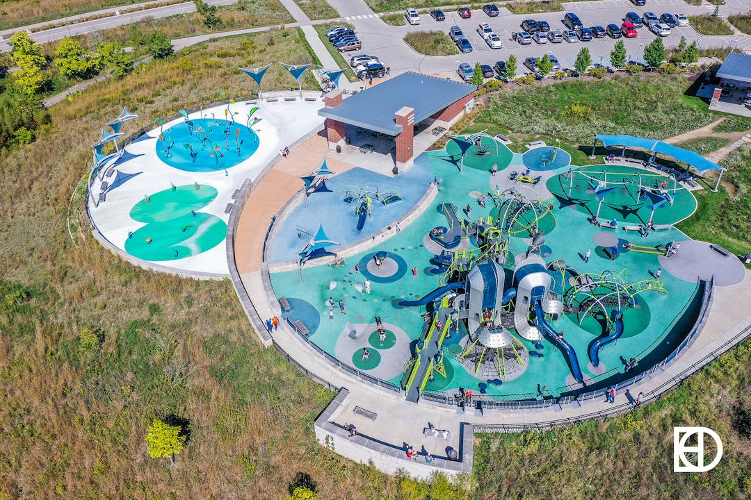 Aerial view of Splash Park and Playground at Central Park