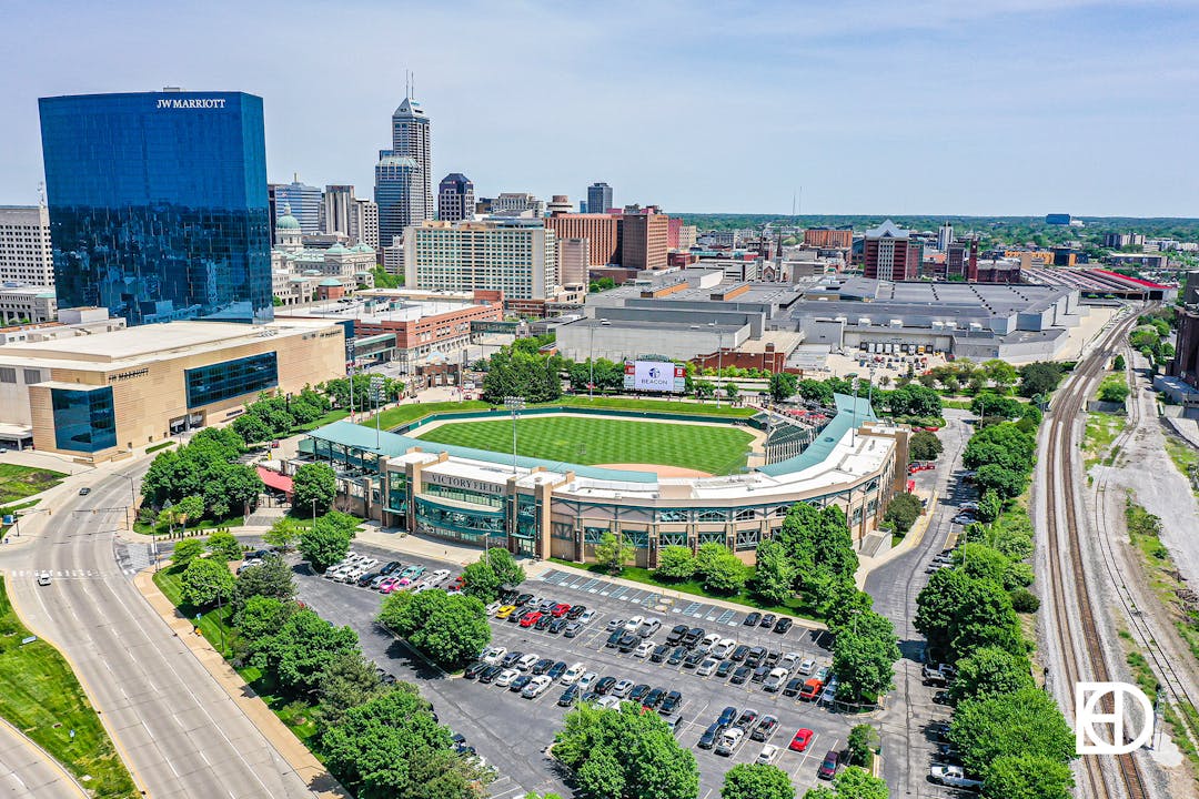 Aerial photo of Victory Field and the Indianapolis skyline