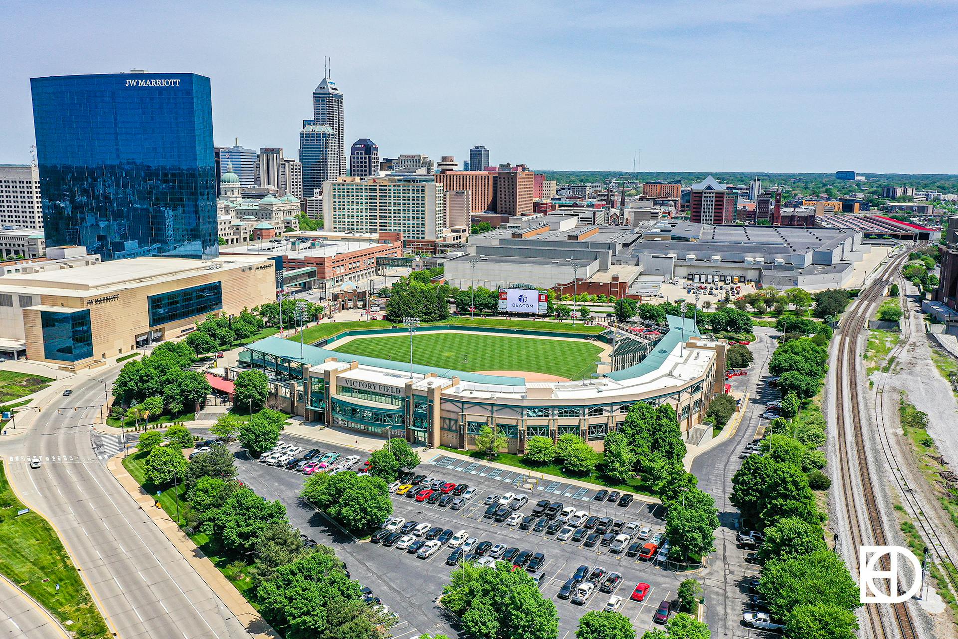 Aerial photo of Victory Field and the Indianapolis skyline